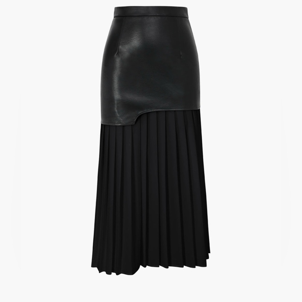 Contrast Pleated Faux Leather Midi Skirt